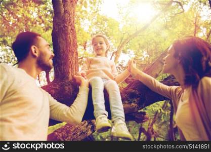 family, parenthood, adoption and people concept - happy mother, father and little girl in summer park having fun. happy family in summer park having fun