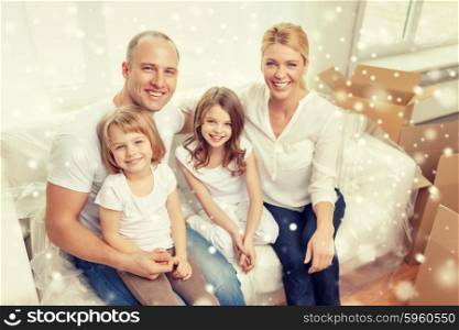 family, people, accommodation and happiness concept - smiling parents and two little girls moving into new home over snowflakes background