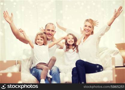family, people, accommodation, gesture and happiness concept - smiling parents and two little girls moving into new home and waving hands over snowflakes background