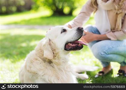 family, pet, animal and people concept - close up of woman with labrador dog on walk in park