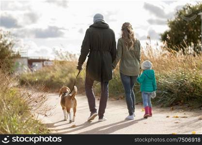 family, pets and people concept - happy mother, father and little daughter walking with beagle dog in autumn. happy family walking with dog in autumn