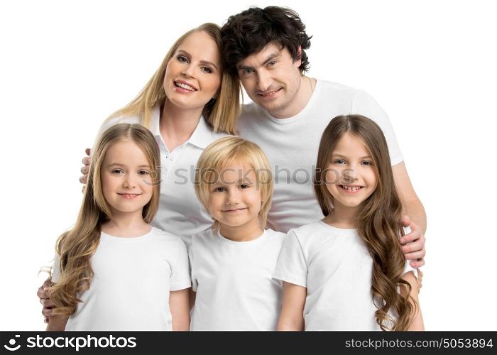Family portrait of five people. Family portrait of five people with children isolated on white background