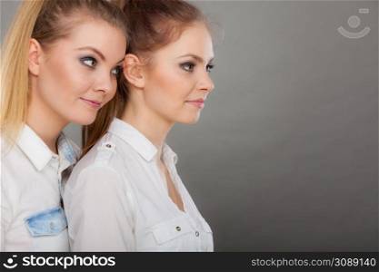 Family relationships, friendship concept. Happy two beautiful women sisters, blonde and brunette having fun. Studio shot on grey background. Two beautiful women, blonde and brunette having fun