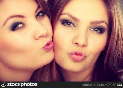 Family relationships, friendship concept.Two beautiful women sisters having fun making duckface sending air kisses. Two beautiful women, blonde and brunette having fun