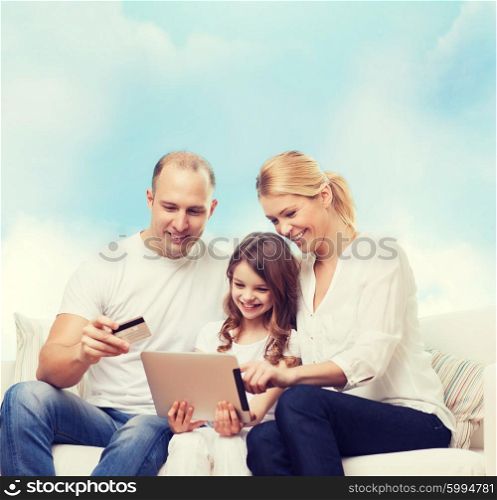 family, shopping, technology and people - smiling mother, father and little girl with tablet pc computer and credit card over blue sky background