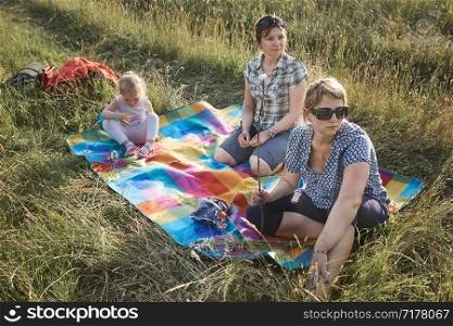 Family spending time together on a meadow, close to nature, roasting marshmallows over a campfire, parents and children playing together and sitting on a blanket on grass. Candid people, real moments, authentic situations