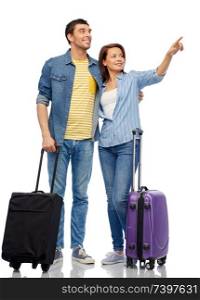 family, tourism and vacation concept - happy couple of tourists with travel bags over white background. happy couple of tourists with travel bags