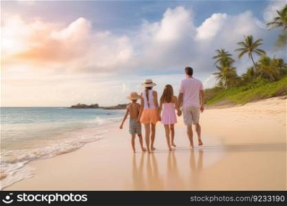 Family tropical beach. Summer travel. Generate Ai. Family tropical beach. Generate Ai