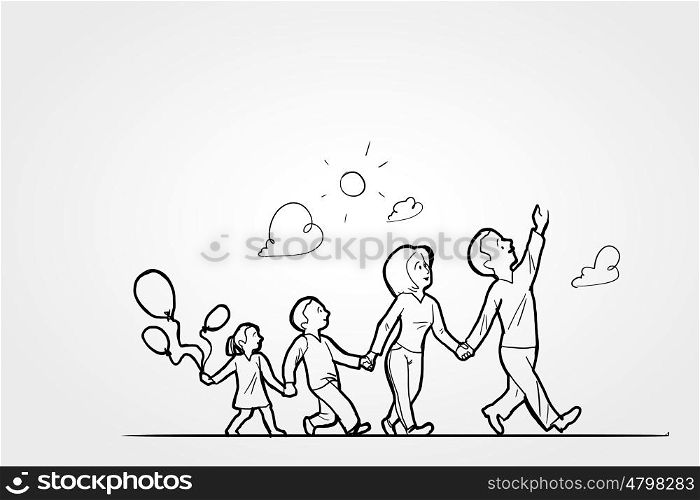 Family unity. Human hand and caricature of happy family of four
