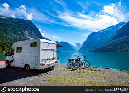 Family vacation travel, holiday trip in motorhome, Caravan car Vacation. Beautiful Nature Norway natural landscape.