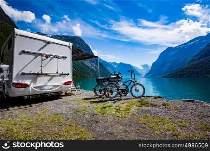 Family vacation travel, holiday trip in motorhome, Caravan car Vacation. Beautiful Nature Norway natural landscape.