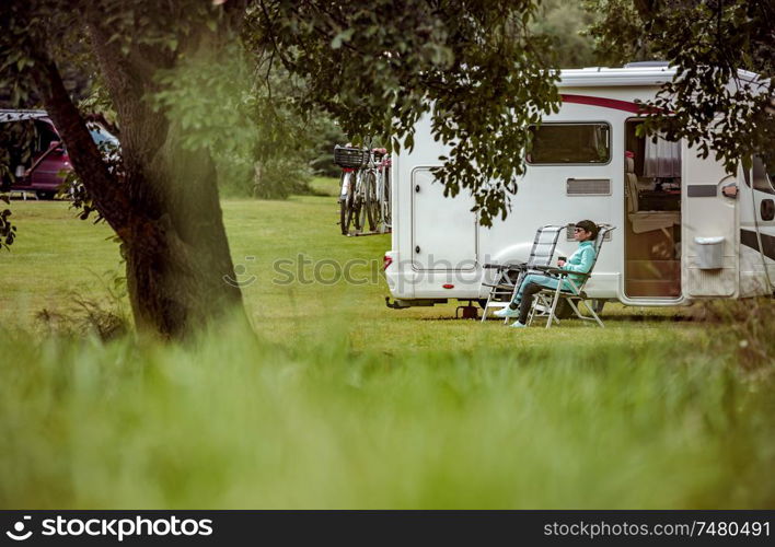 Family vacation travel RV, holiday trip in motorhome, Caravan car Vacation.