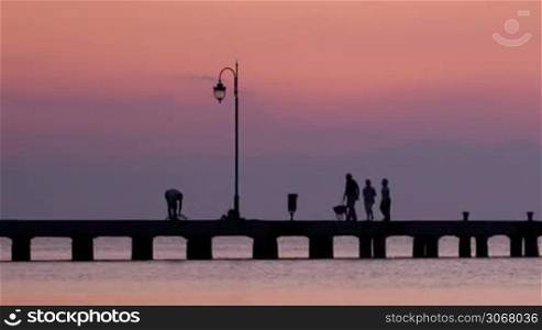 Family walking their dog on a marine pier above a calm sea at sunset silhouetted against the misty pink sky