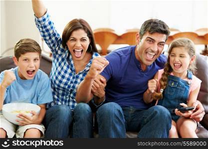 Family Watching Soccer Celebrating Goal