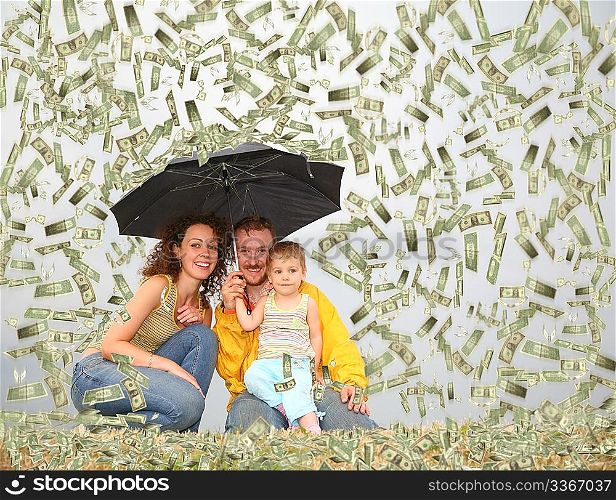 family wih little girl with umbrella under dollar rain collage