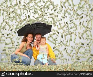 family wih little girl with umbrella under dollar rain collage