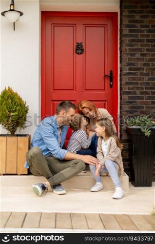 Family with a mother, father, son and daughter sitting outside on steps of a front porch of a brick house