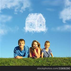 family with boy on grass and dream cloud house collage