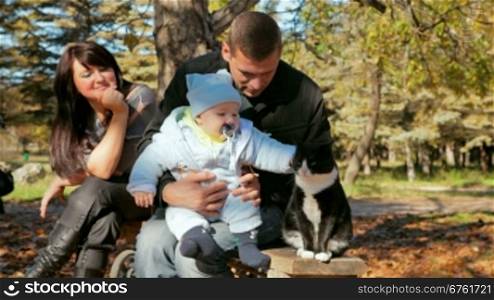 family with kid petting a cat on a bench in autumn park
