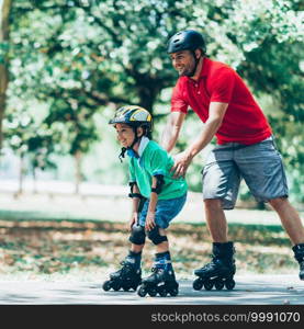 Family with one child roller skating