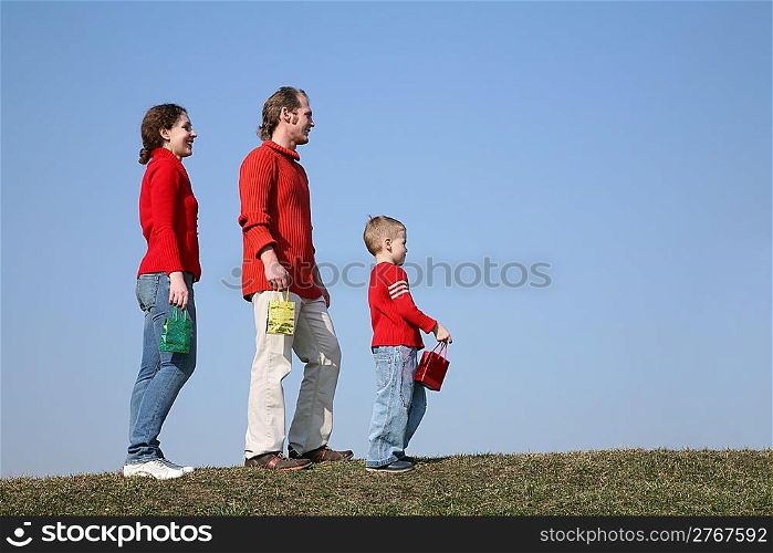 family with small bags on meadow