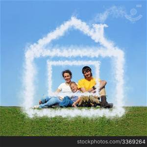 family with son sitting cloud house on meadow collage