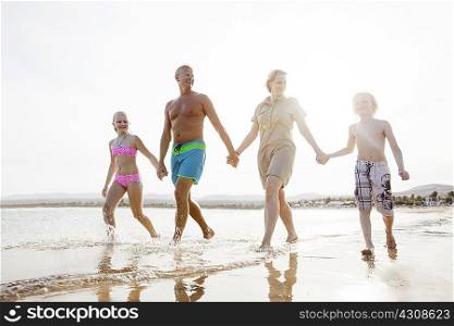 Family with two children strolling and holding hands on beach