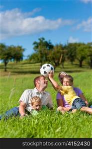 Family with two little boys playing in the grass on a summer meadow - they have a football