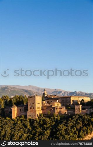 Famous Alhambra Royal Palace (UNESCO heritage) from the view point in front of the Alhambra hill