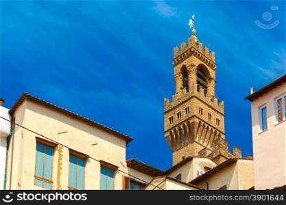 Famous Arnolfo tower of Palazzo Vecchio on the Piazza della Signoria at morning in Florence, Tuscany, Italy