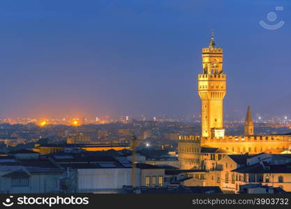 Famous Arnolfo tower of Palazzo Vecchio on the Piazza della Signoria at twilight from Piazzale Michelangelo in Florence, Tuscany, Italy