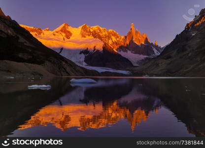 Famous beautiful peak Cerro Torre in Patagonia mountains, Argentina. Beautiful mountains landscapes in South America.