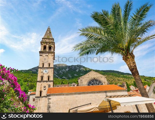 Famous belfry in mountains of Perast, Montenegro. Belfry in Perast