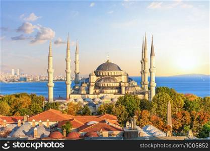 Famous Blue Mosque in the sunset rays, Istanbul, Turkey.. Famous Blue Mosque in the sunset rays, Istanbul, Turkey