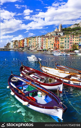 "Famous "Cinque terre" in Italy - beautiful Portovenere fishing village in Liguria and popular tourist attraction. Colorful Portovenere village. Cinque terre, Italy"