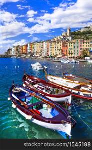 "Famous "Cinque terre" in Italy - beautiful Portovenere fishing village in Liguria and popular tourist attraction. Colorful Portovenere village. Cinque terre, Italy"