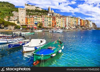"Famous "Cinque terre" in Italy - beautiful Portovenere fishing village in Liguria and popular tourist attraction. Colorful Portovenere village. Cinque terre, Italy"