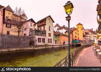Famous colorful houses and Thiou river in the morning in old city of Annecy, Venice of the Alps, France. Annecy, called Venice of the Alps, France