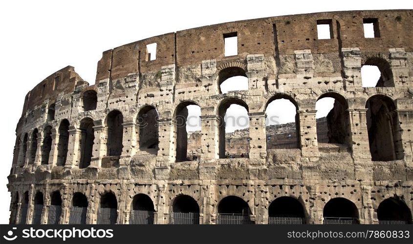 Famous Colosseum or Coliseum, also known as the Flavian Amphitheatre, in Rome, Italy, isolated on white