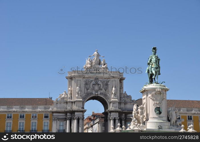 famous Commerce Square also known as Terreiro do Paco in Lisbon, Portugal (statue of King Jose I in the center)