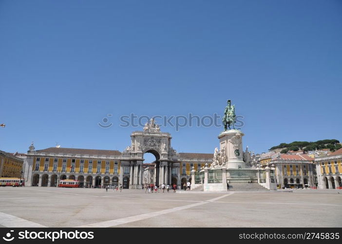 famous Commerce Square also known as Terreiro do Paco in Lisbon, Portugal (statue of King Jose I in the center)