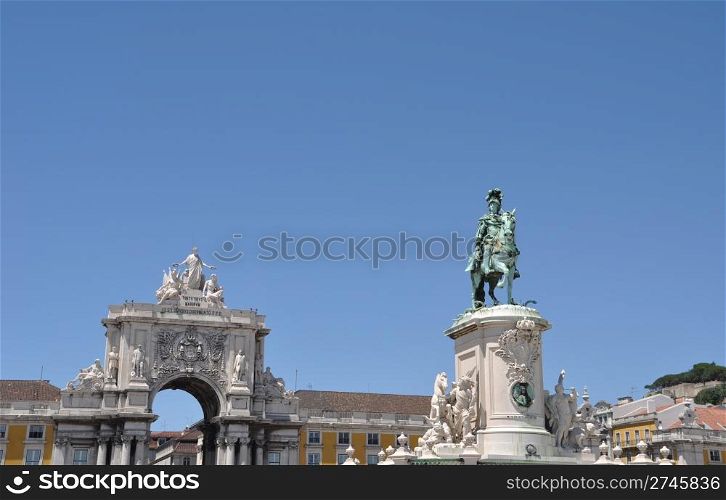 famous Commerce Square also known as Terreiro do Paco in Lisbon, Portugal (statue of King Jose I in the center)