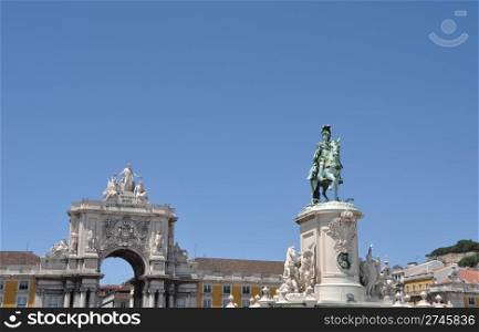 famous Commerce Square also known as Terreiro do Paco in Lisbon, Portugal (statue of King Jose I in the center)