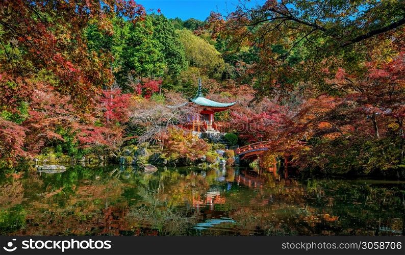 Famous Daigoji temple with autumn red color leaves in Kyoto Japan