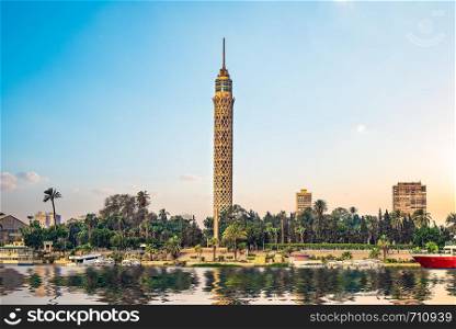 Famous egyptian TV Tower in Cairo at sunset. Egyptian TV Tower