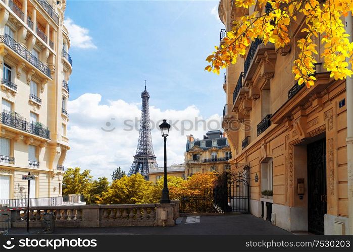 famous Eiffel Tower landmark and Paris summer street, Paris citscape, France at fall. eiffel tour and Paris street