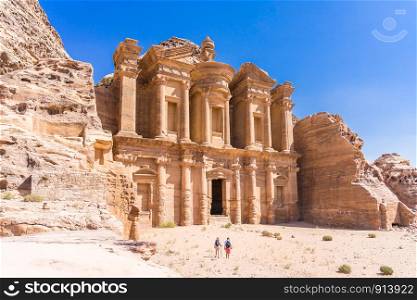Famous facade of Ad Deir in ancient city Petra, Jordan. Monastery in ancient city of Petra. The temple of Al Khazneh in Petra is one of UNESCO World Heritage Sites and one of the world wonders