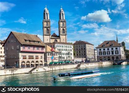 Famous Grossmunster church in Zurich in a beautiful summer day, Switzerland