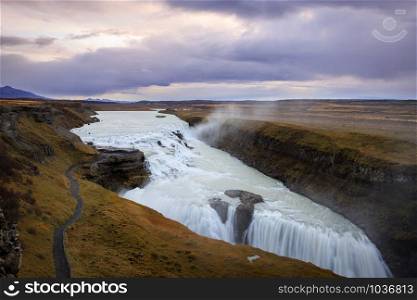 Famous Gullfoss Waterfall in Iceland with the most amazing sunrise