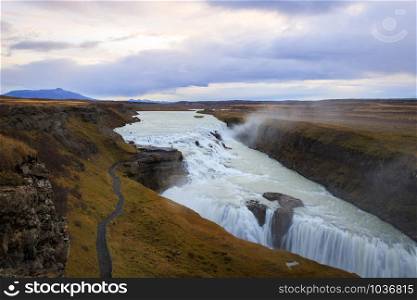 Famous Gullfoss Waterfall in Iceland with the most amazing sunrise